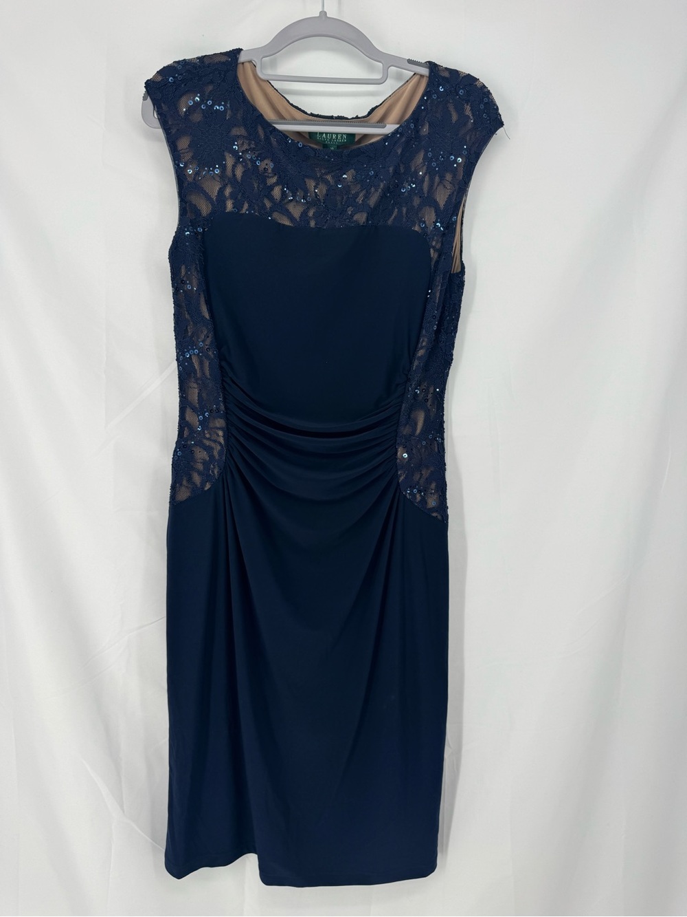 Lauren Ralph Lauren Navy Lace Sequin Illusion Midi Dress 0285